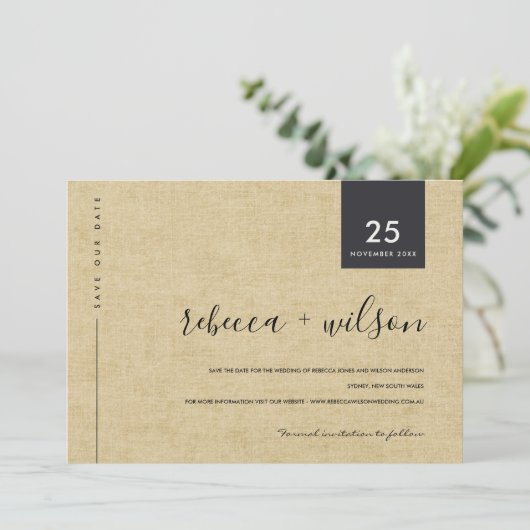 MINIMAL SCANDI RUSTIC OCHER LINEN KRAFT TYPOGRAPHI SAVE THE DATE (Stehend Vorderseite)
