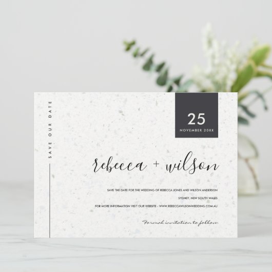 MINIMAL SCANDI RUSTISCHE TERRAZZO-TEXTURE-TYPOGRAP SAVE THE DATE (Stehend Vorderseite)