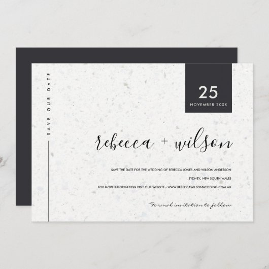 MINIMAL SCANDI RUSTISCHE TERRAZZO-TEXTURE-TYPOGRAP SAVE THE DATE (Vorne/Hinten)