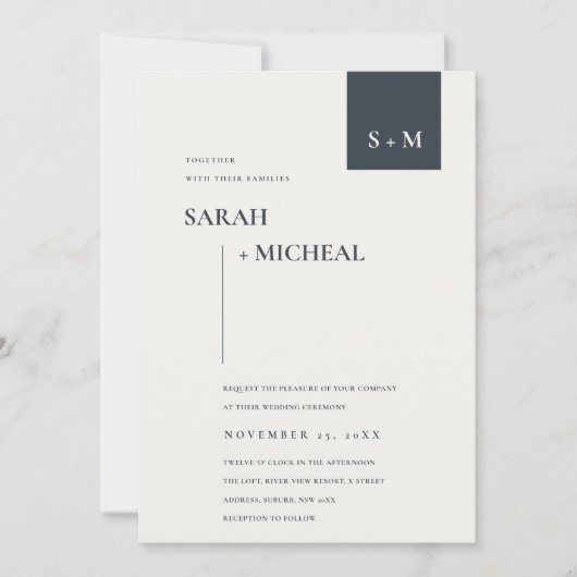 MINIMAL SCANDI SCHWARZ-WEISS MONOGRAM WEDING INVIT DANKESKARTE (Vorderseite)