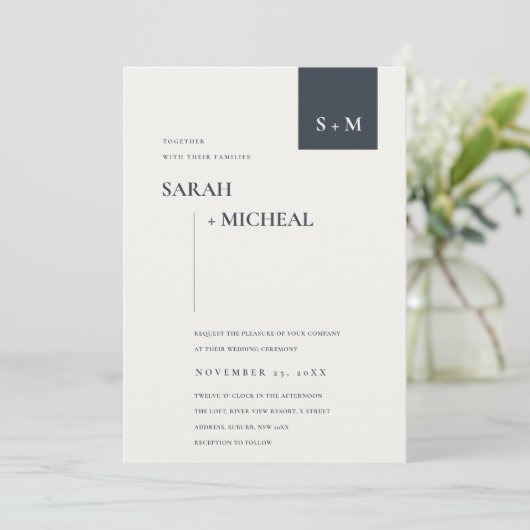 MINIMAL SCANDI SCHWARZ-WEISS MONOGRAM WEDING INVIT DANKESKARTE (Stehend Vorderseite)