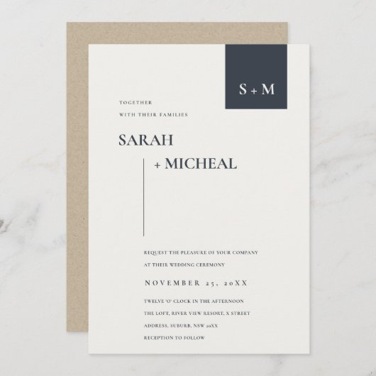 MINIMAL SCANDI SCHWARZ-WEISS MONOGRAM WEDING INVIT DANKESKARTE (Vorne/Hinten)