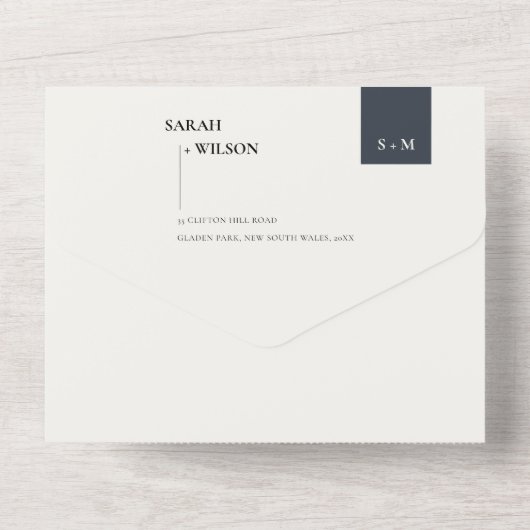 MINIMAL SCANDI SCHWARZ-WEISS MONOGRAMM WEDD ALL IN ONE EINLADUNG (Rückseite)