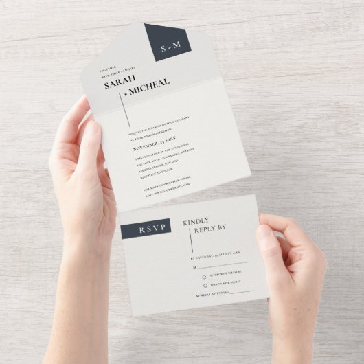 MINIMAL SCANDI SCHWARZ-WEISS MONOGRAMM WEDD ALL IN ONE EINLADUNG (Abreißen)