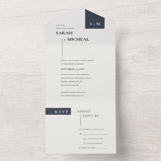 MINIMAL SCANDI SCHWARZ-WEISS MONOGRAMM WEDD ALL IN ONE EINLADUNG (Innen Boden)