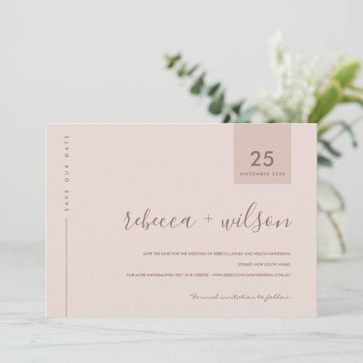 MINIMAL SCANDI SOFT BLUSH PEACH PINK TYPOGRAPHIE SAVE THE DATE (Stehend Vorderseite)