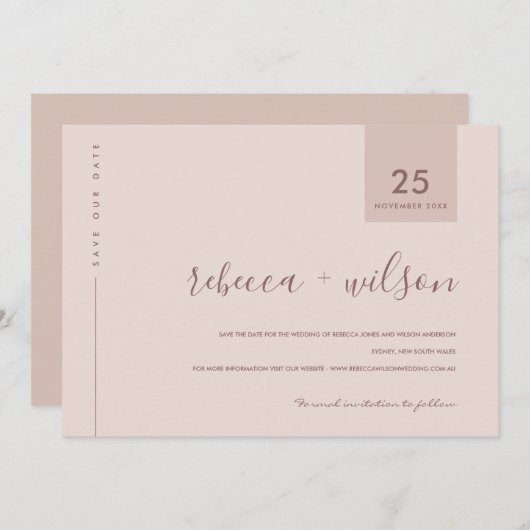MINIMAL SCANDI SOFT BLUSH PEACH PINK TYPOGRAPHIE SAVE THE DATE (Vorne/Hinten)