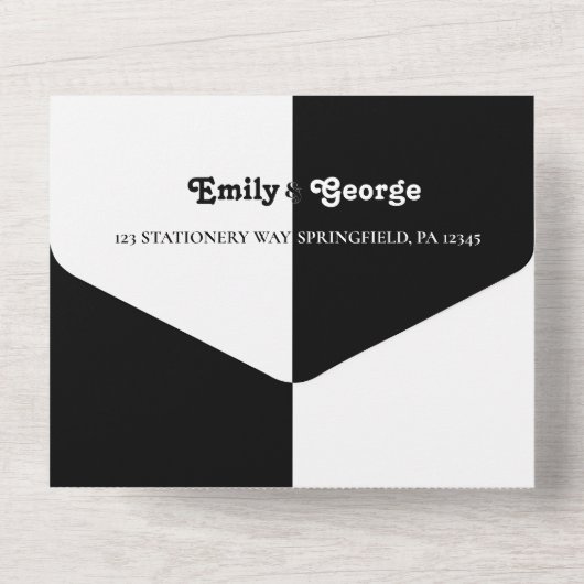 Minimal schick Schwarz und Weiß Moderne einfache H All In One Einladung (Rückseite)