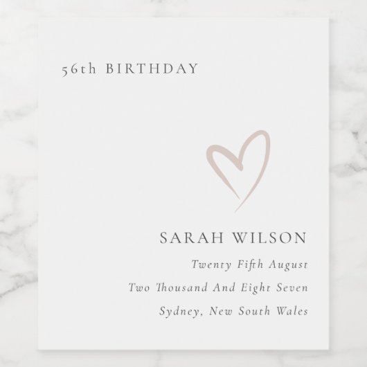 Minimal schlichtes rosa Herz jedes Alters Geburtst Weinetikett (Einzelnes Label)