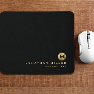 Minimal Schwarz Gold gebürstetes Metal Monogramm Mousepad
