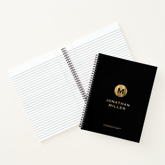 Minimal Schwarz Gold gebürstetes Metal Monogramm Notizblock (Innenseite)