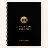 Minimal Schwarz Gold gebürstetes Metal Monogramm Notizblock (Vorderseite)