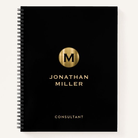 Minimal Schwarz Gold gebürstetes Metal Monogramm Notizblock (Vorderseite)