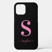 Minimal Schwarz mit rosa Monogramm-Skriptnamen Case-Mate iPhone Hülle (Rückseite)