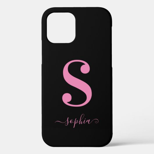 Minimal Schwarz mit rosa Monogramm-Skriptnamen Case-Mate iPhone Hülle (Rückseite)