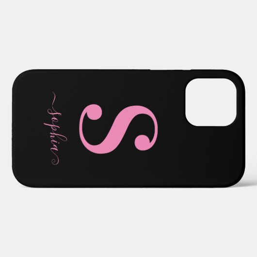 Minimal Schwarz mit rosa Monogramm-Skriptnamen Case-Mate iPhone Hülle (Rückseite (Horizontal))