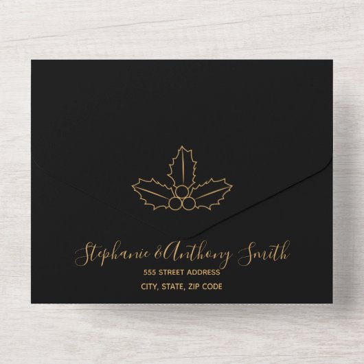 Minimal Schwarz und Gold Mistletoe Weihnachten All In One Einladung (Rückseite)