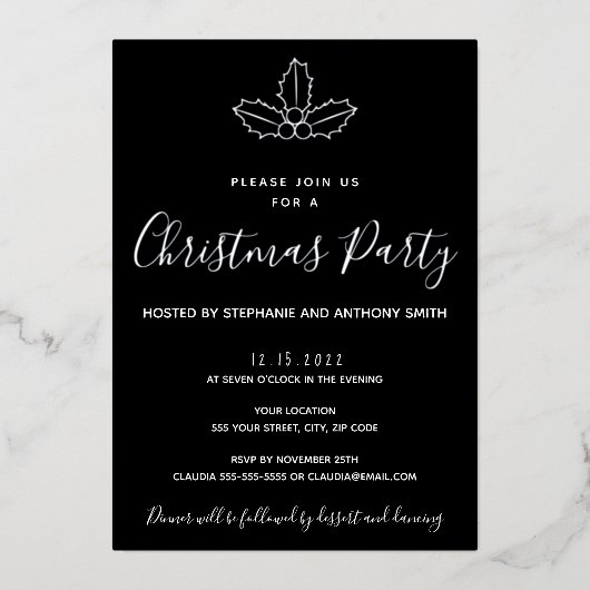 Minimal Schwarz und Gold Mistletoe Weihnachten Folieneinladung (Vorderseite)