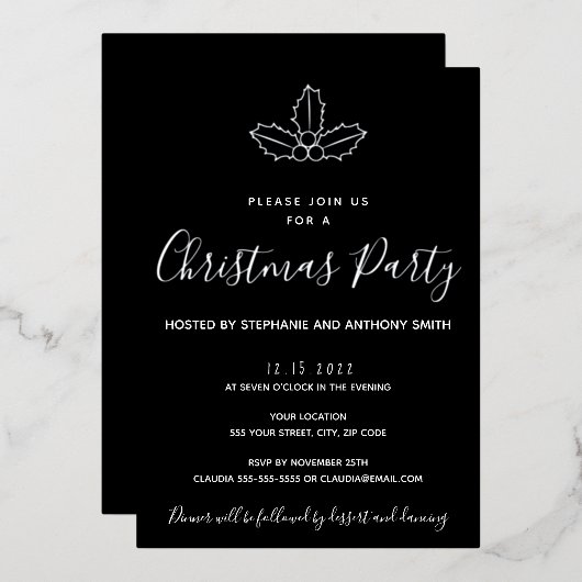 Minimal Schwarz und Gold Mistletoe Weihnachten Folieneinladung (Vorderseite/Rückseite)