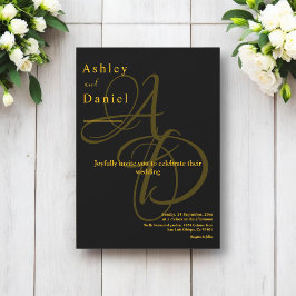 Minimal Schwarz und Gold Monogram Elegant Wedding Einladung
