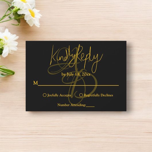 Minimal Schwarz und Gold Monogram Elegant Wedding RSVP Karte