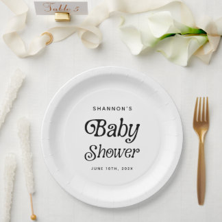 Minimal Schwarz und Weiß Retro Babydusche Pappteller