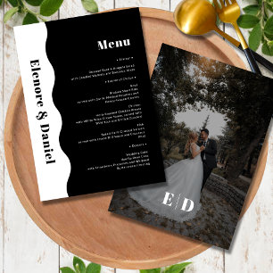 Minimal Schwarz und Weiß Side Wave Foto Wedding Menükarte