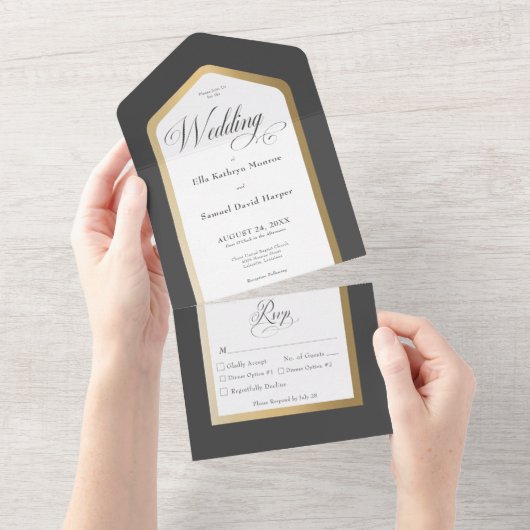 Minimal Schwarz & Weiß Gold Modernes Abendessen All In One Einladung (Abreißen)