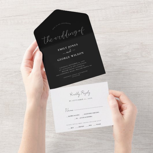 Minimal | Schwarz-Weiß-Hochzeit All In One Einladung (Abreißen)