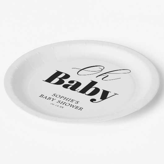 Minimal Schwarz-weiß Oh Babydusche Pappteller (Schrägansicht)