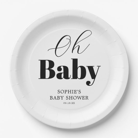 Minimal Schwarz-weiß Oh Babydusche Pappteller (Vorderseite)