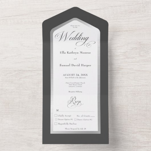 Minimal Schwarz & Weiß Silber Modernes Abendessen All In One Einladung (Innen Boden)