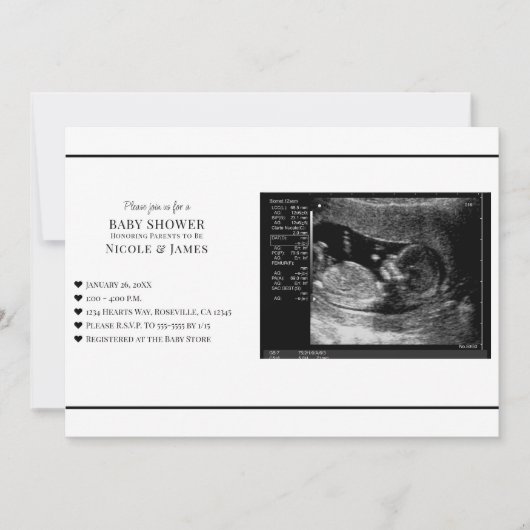 Minimal Schwarz/Weiß Ultrasound Foto Babydusche Einladung (Vorderseite)