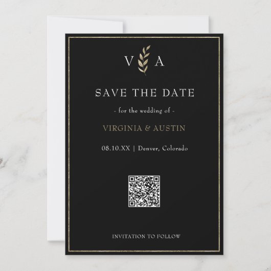 Minimal Schwarz-weiß- und Goldcode-Hochzeit Save The Date (Vorderseite)