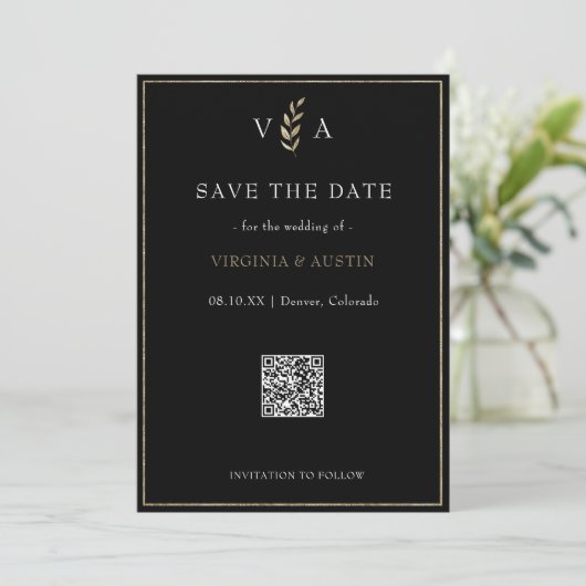 Minimal Schwarz-weiß- und Goldcode-Hochzeit Save The Date (Stehend Vorderseite)