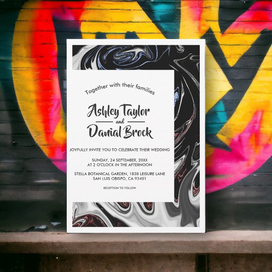 Minimal Schwarz-weiße blaue Flammen Abstrakt Hochz Einladung