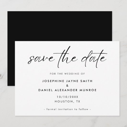 Minimal Schwarz-weiße Elegant-Script-Hochzeit Save The Date (Vorne/Hinten)