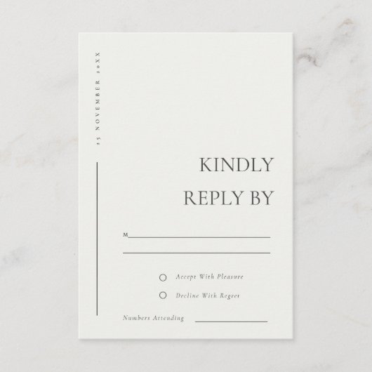 MINIMAL SCHWARZ-WEISSE TYPOGRAFISCHE BREITUNG RSVP BEGLEITKARTE (Vorderseite)