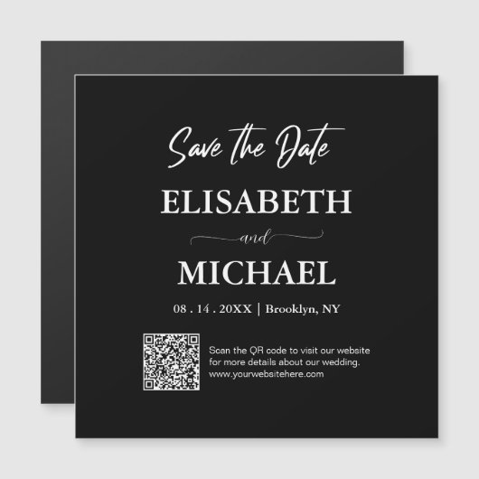 Minimal Schwarz-weißer QR-Code-Hochzeiten Magneteinladung (Vorne/Hinten)