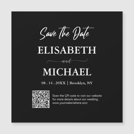 Minimal Schwarz-weißer QR-Code-Hochzeiten Magneteinladung (Vorderseite)