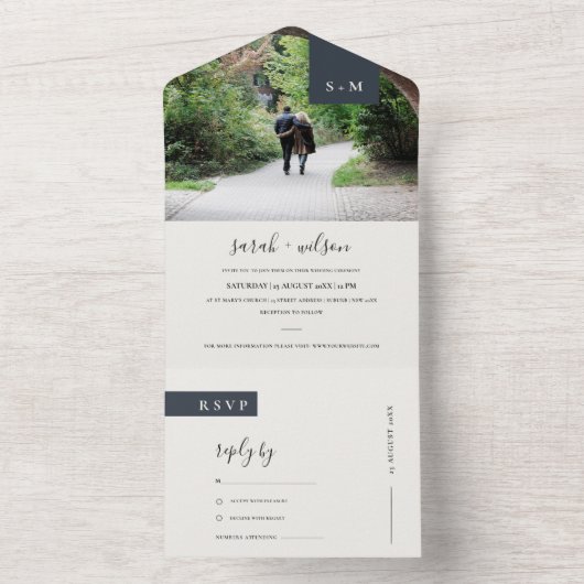 MINIMAL SCHWARZ-WEISSES MONOGRAMM-WEDD-FOTO ALL IN ONE EINLADUNG (Innen Boden)