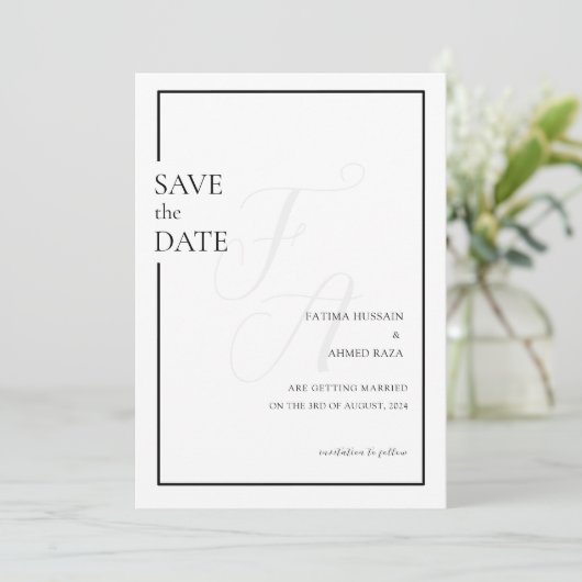 Minimal schwarze anfängliche muslimische Hochzeit  Save The Date (Stehend Vorderseite)