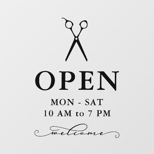 Minimal Schwarze Scheren Begrüßung der Öffnungszei Fensteraufkleber (Blatt)