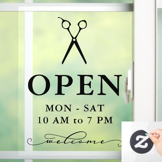 Minimal Schwarze Scheren Begrüßung der Öffnungszei Fensteraufkleber (Zuhause)