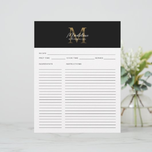Minimal Script Black Metallic Gold Monogram Rezept (Stehend Vorderseite)
