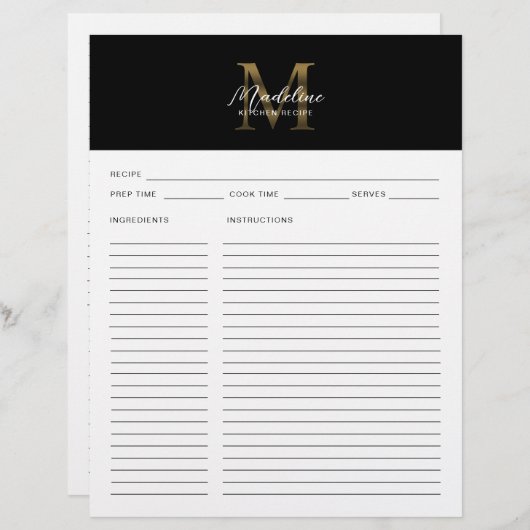 Minimal Script Black Metallic Gold Monogram Rezept (Vorne/Hinten)