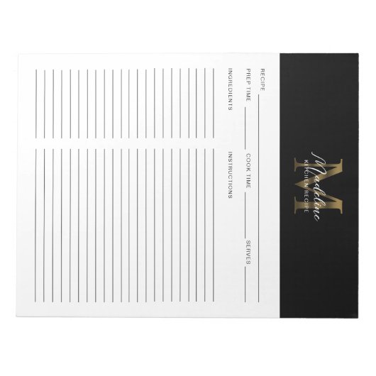 Minimal Script Black Metallic Gold Monogram Rezept Notizblock (Vorderseite)