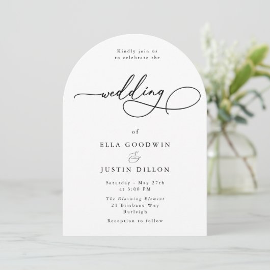Minimal Script Black & White Wedding Einladung (Stehend Vorderseite)