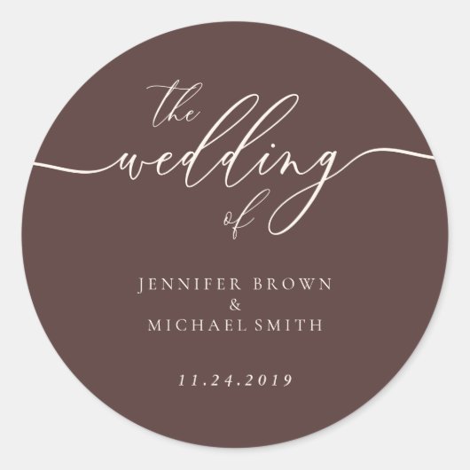 Minimal Script Chocolate Brown Wedding Runder Aufkleber (Vorderseite)