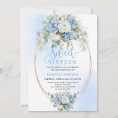 Minimal Script Dusty Blue Floral Sweet 16 Birthday Einladung (Vorderseite)